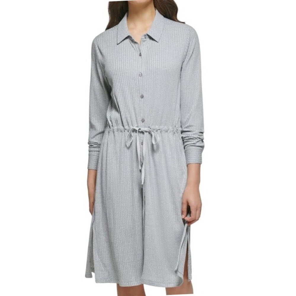Calvin Klein‎ Womens XL Gray Ribbed Cinched Waist Long Sleeve Dress NWT